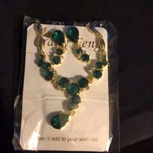 Gold Color Necklace, Earrings Green Stones